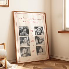 a family photo hanging in front of a window with the words welcome to our happy day on it