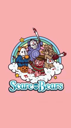 some cartoon characters on a pink background with the words scarebears in blue and white