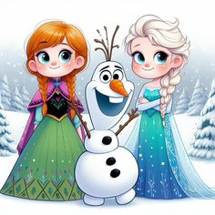 two frozen princesses standing next to each other in the snow