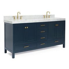 a double sink vanity with marble top and brass faucets on both sides, against a white background