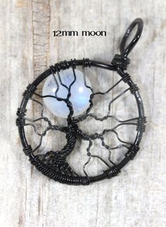 Rainbow Moonstone Jewelry Full Moon Tree of Life Necklace Black Wire Wrapped Pendant Gemstone Neckla Moon Tree Of Life, Lunar Jewelry, Moon Tree, Rainbow Moonstone Jewelry, Wire Wrapping Techniques, Citrine Necklace, Volley Ball, Tree Of Life Necklace, Quartz Jewelry