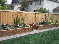 three wooden raised planters with flowers in them on the side of a fenced yard