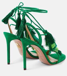 Capri Tassel 105 suede sandals in green - Aquazzura | Mytheresa Leather Open Toe Sandals With Tassels, Suede Lace-up Sandals With Open Heel, Green Suede Sandals For Party, Alexander Mcqueen Clothing, Green Sandals, Bridal Bag, Red Accessories, Rings Jewelry Fashion, Classic Bags