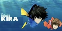 two anime characters are swimming in the water with an orange fish above them and another character is looking on