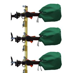 three green umbrellas are attached to a yellow pole with two black handles and one orange handle