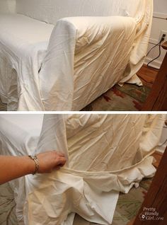 two pictures of a bed covered in white sheets and being pulled over by a hand