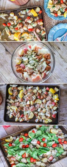 the process of making an appetizer with vegetables and meats on baking pans