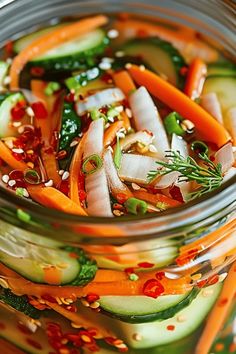 a glass jar filled with sliced up vegetables