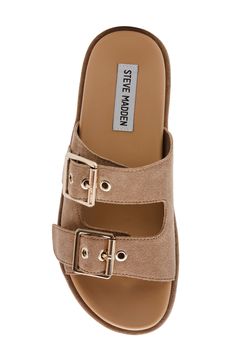 Gleaming buckles stand out against the soft suede of this comfort-meets-style slide sandal grounded by a contoured footbed and chunky platform sole. 2" heel; 1 3/4" platform Adjustable straps with buckle closures Contoured, cushioned footbed Leather upper/synthetic lining and sole Imported Beach Flats, Platform Slides, Chunky Platform, Sandal Women, Soft Suede, Slide Sandals, Beach Outfit, Steve Madden, Womens Sandals