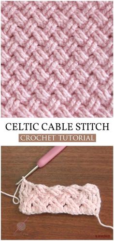 the crochet cable stitch pattern is shown in pink and white with text that reads,