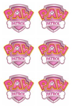 four stickers with the words paw patrol and paws in pink, yellow and orange