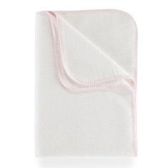 a white blanket with pink trim on it