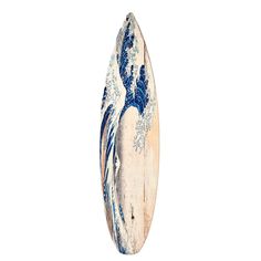 a wooden surfboard with blue and white designs on the bottom, against a white background