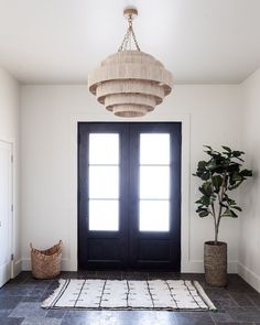 a black and white entryway with two doors and a potted plant on the floor