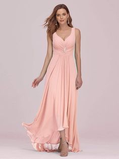 COLOR=Pink | V-Neck High-Low Evening Dress-Pink 1 Simple Bridesmaid Dresses, Chiffon Evening Dresses, Ever Pretty, Evening Dress Fashion, Lace Decor, Floor Length Gown, Evening Dresses Elegant, Evening Party Dress, Chiffon Bridesmaid