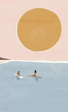 two people on surfboards in the ocean under an orange and pink sun over water