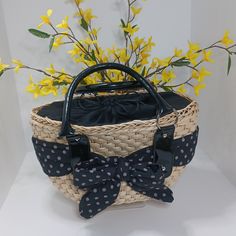 Ladies Spring/ Summer Straw Polks Dot Bow Handbag, Vegan Patent Blk Handles. Lnwt Black Straw Bag For Summer Day Out, Summer Black Straw Bag For Day Out, Casual Black Straw Bag For Spring, Casual Black Straw Bag For Day Out, Retro Summer Straw Bag For Everyday Use, Black Bag For Day Out In Spring, Black Rectangular Straw Bag For Day Out, Black Summer Bags For Day Out, Summer Black Bag For Day Out