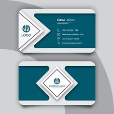 two business cards with white and blue shapes