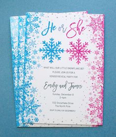 a snowflake themed wedding card with the words he or she on it