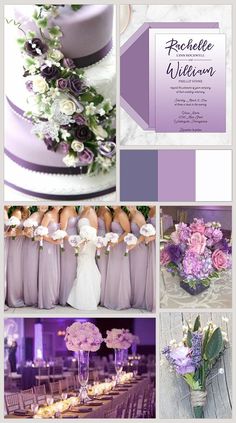 purple and white wedding color palettes with flowers on the top, bottom right corner