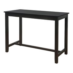 a wooden table with a black top on a white background