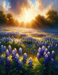 an oil painting of blue and white flowers with the sun setting in the sky behind them