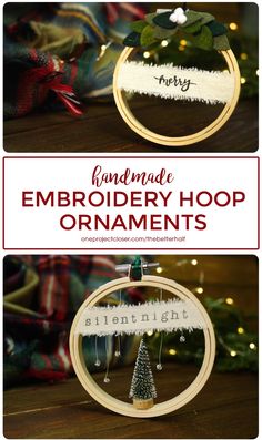 an ornament made out of embroidery hoop with christmas trees on it and the words,