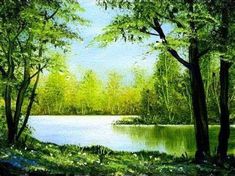 a painting of a lake surrounded by trees