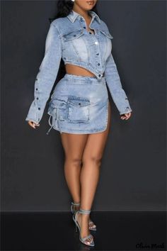 Olivia Mark - Chic Two-Piece Denim Outfit Set High Waist Denim Jacket With Pockets, High Waist Spring Denim Jacket, High Waist Denim Jacket For Spring, Fitted Ripped Denim Jacket, Fitted Denim Jumpsuit For Spring, Trendy Fitted Denim Top With Pockets, Fitted Ripped Denim Jumpsuit In Medium Wash, Trendy Fitted Ripped Denim Jumpsuit, Fitted Ripped Medium Wash Denim Jumpsuit