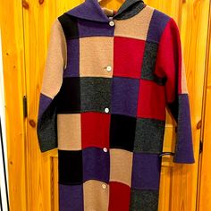 Stunning, Warm, Pieced Jacket. Very Elegant Unique Piece. Casual Multicolor Patchwork Sweater Coat, Casual Multicolor Outerwear With Double-lined Hood, Multicolor Long Sleeve Patchwork Sweater Coat, Cozy Multicolor One-size Sweater Coat, Multicolor Patchwork V-neck Outerwear, Pea Coats, Purple Gray, Purple Grey, Alpaca