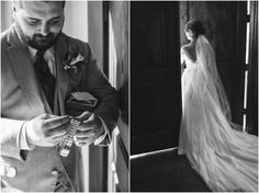 a man in a suit and tie looking at his cell phone while standing next to a woman in a wedding dress