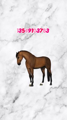 a brown horse standing on top of a white marble floor next to a pink sign