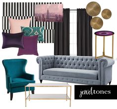 a living room with black and white striped walls, blue velvet couches, gold accented curtains, and purple accents