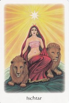 a tarot card with a woman sitting on top of two lions and a star above her head