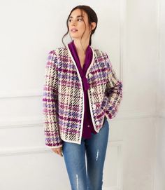 Experience the luxurious feel of this plush plaid boucle jacket, complete with faux leather trim. Whether you opt for a dressy look or casually stylish ensemble, you'll be looking fashion-forward. Color - Purple, berry, black and cream. Plaid Boucle. Italian fabric. Long sleeve. Partially lined. Fabric -8% Wool.18% Acrylic. 12% Polyester. 10% Viscose. 2% Other. Care- Dry clean. Bohemian Chic Outfits, Women's Outfits By Occasions, Boucle Jacket, Boho Chic Outfits, Karen Kane, Women's Jewelry And Accessories, Blazer Fashion, Italian Fabric, Boho Women