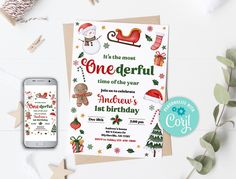 a christmas themed birthday party with a phone and greeting card on the table next to it