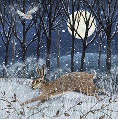 a painting of a deer running through the snow in front of trees and a full moon