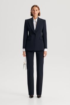 Designed as a refined interpretation of feminine suiting, the Tailored Italian Trouser is crafted in a timeless Navy colourway. Tailored to a straight leg silhouette, pair the trousers with the coordinating jacket and crisp shirting. Scanlan Theodore, Tailored Coat, Navy Suit, Slim Trousers, Australian Fashion, Tailored Jacket, Tailored Trousers, Women Empowerment, Suits For Women