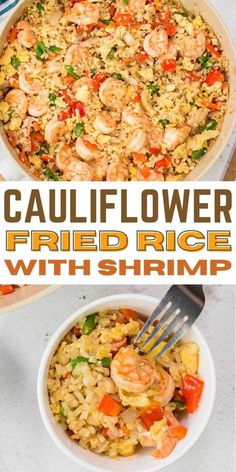 shrimp fried rice with shrimp and carrots in a white bowl next to a fork