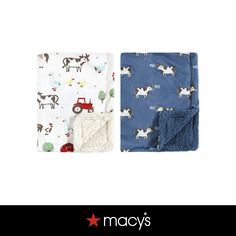 two baby blankets with farm animals on them, one is blue and the other is white