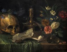 a still life with flowers and a skull on a table