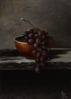 a painting of grapes in a brown bowl on a black tablecloth, with one branch still attached to the bowl