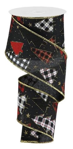 Christmas Tree Check Buffalo Plaid Canvas Wired Ribbon - 10 Yards (Red, Black, Gold, White, 2.5 Inches) Christmas Wired Ribbon, Plaid Christmas Tree, Wire Wreath, Ribbon On Christmas Tree, Plaid Ribbon, Ribbon Wreath, Wreath Bow, Christmas Ribbon, Gingham Check