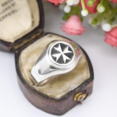 A lovely, large-sized vintage Maltese sterling silver signet ring, with a Maltese cross design highlighted with black enamel. Stamped with Maltese hallmarks for silver to the inside. In really nice vintage condition. Please be sure to see all of the photos. UK Size - X US Size - 11 1/2 Weight - 5.5 grams -------------------- All boxes and stands in the photographs are for display purposes only, unless stated otherwise. Please be aware there will be marks and wear commensurate with age. Please se Victorian Silver Signet Ring With Polished Finish, Silver Victorian Signet Ring With Polished Finish, Classic Silver Signet Ring Collectible, Antique Silver Engraved Vintage Rings, Vintage Sterling Silver Engraved Stamped Ring, Vintage Sterling Silver Engraved Ring With Stamped Details, Vintage Engraved Antique Silver Rings, Vintage Antique Silver Engraved Ring Stamped 925, Vintage Silver Engraved Ring