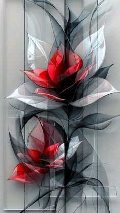 an abstract painting with red and black flowers