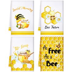 three towels with bees and honeycombs on them, one is for bee farm