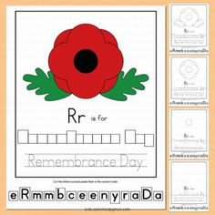 remembrance day worksheet with an image of a red flower and the words r is for