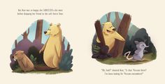 an illustrated book with two bears and a mouse in the woods, one is looking at another bear