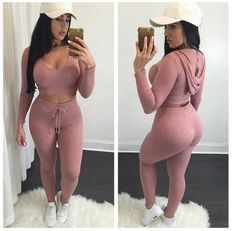 Hooded Crop Top Slim Pant Pure Color Two Pieces Set Hot Figure, Outfits Long Sleeve, Hooded Crop Top, Super Outfit, Set Outfits, Long Sleeve Workout, Long Romper, Workout Outfits, Knitted Romper