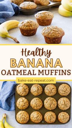 healthy banana oatmeal muffins in a muffin pan with bananas on the side